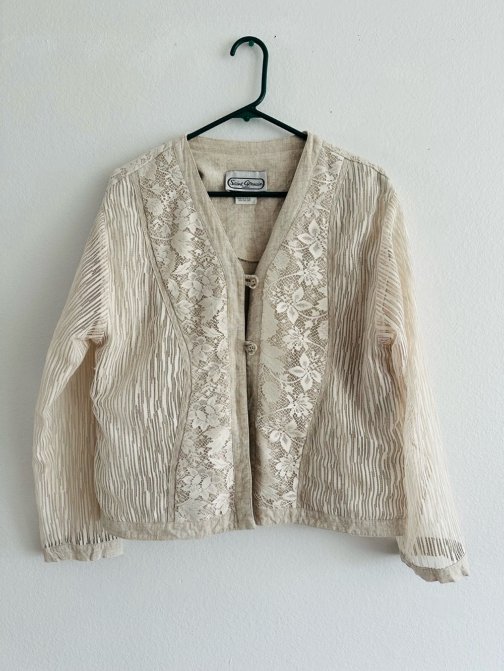 Saint Germain Women’s Lace Sheer Jacket Beige Boho Linen Blend size L